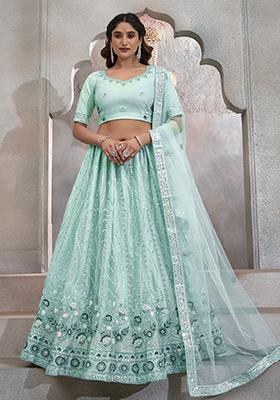 Turquoise Sequin Thread Embroidered Net Lehenga Set