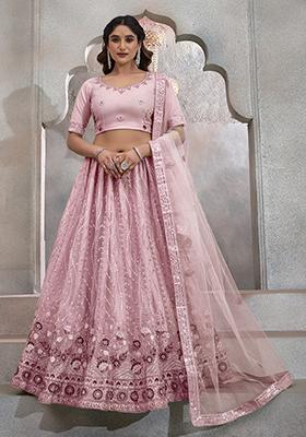 Dark Peach Sequin Thread Embroidered Net Lehenga Set