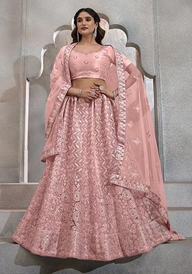 Peach Sequin Thread Embroidered Net Lehenga Set