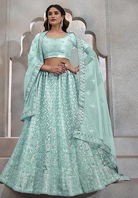 Turquoise Sequin Thread Embroidered Net Lehenga Set