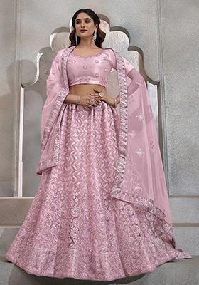 Pink Sequin Thread Embroidered Net Lehenga Set