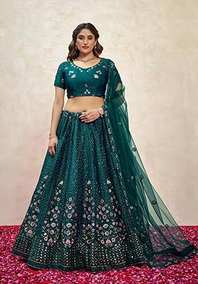 Teal Green Sequin Thread Embroidered Silk Lehenga Set