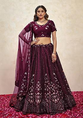 Wine Sequin Thread Embroidered Silk Lehenga Set