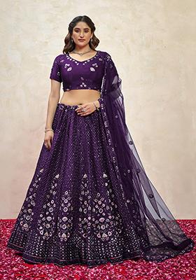 Violet Sequin Thread Embroidered Silk Lehenga Set