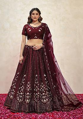 Maroon Sequin Thread Embroidered Silk Lehenga Set