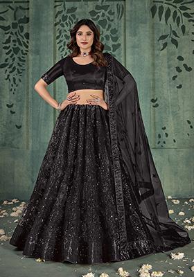 Black Sequin Thread Embroidered Net Lehenga Set