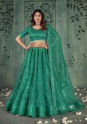 Light Green Sequin Thread Embroidered Net Lehenga Set