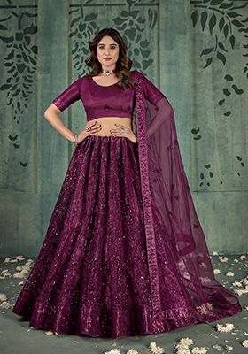 Wine Sequin Thread Embroidered Net Lehenga Set
