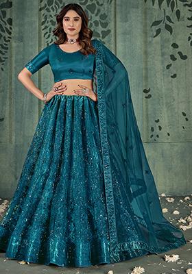 Turquoise Sequin Thread Embroidered Net Lehenga Set