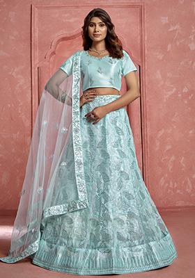 Sky Blue Sequin Thread Embroidered Net Lehenga Set