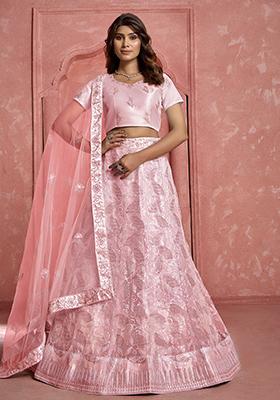 Peach Sequin Thread Embroidered Net Lehenga Set