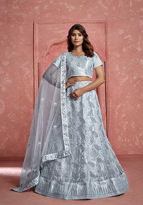Grey Sequin Thread Embroidered Net Lehenga Set
