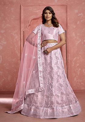 Pink Sequin Thread Embroidered Net Lehenga Set