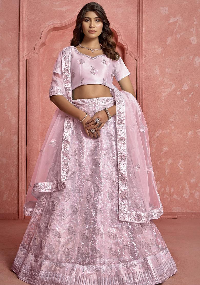 Pink Sequin Thread Embroidered Net Lehenga Set