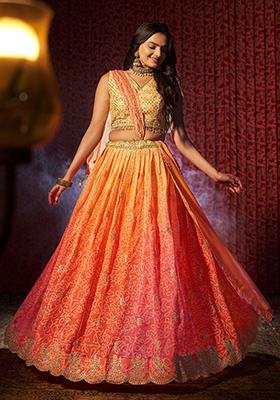 Orange Printed Sequin Embroidered Organza Lehenga Set