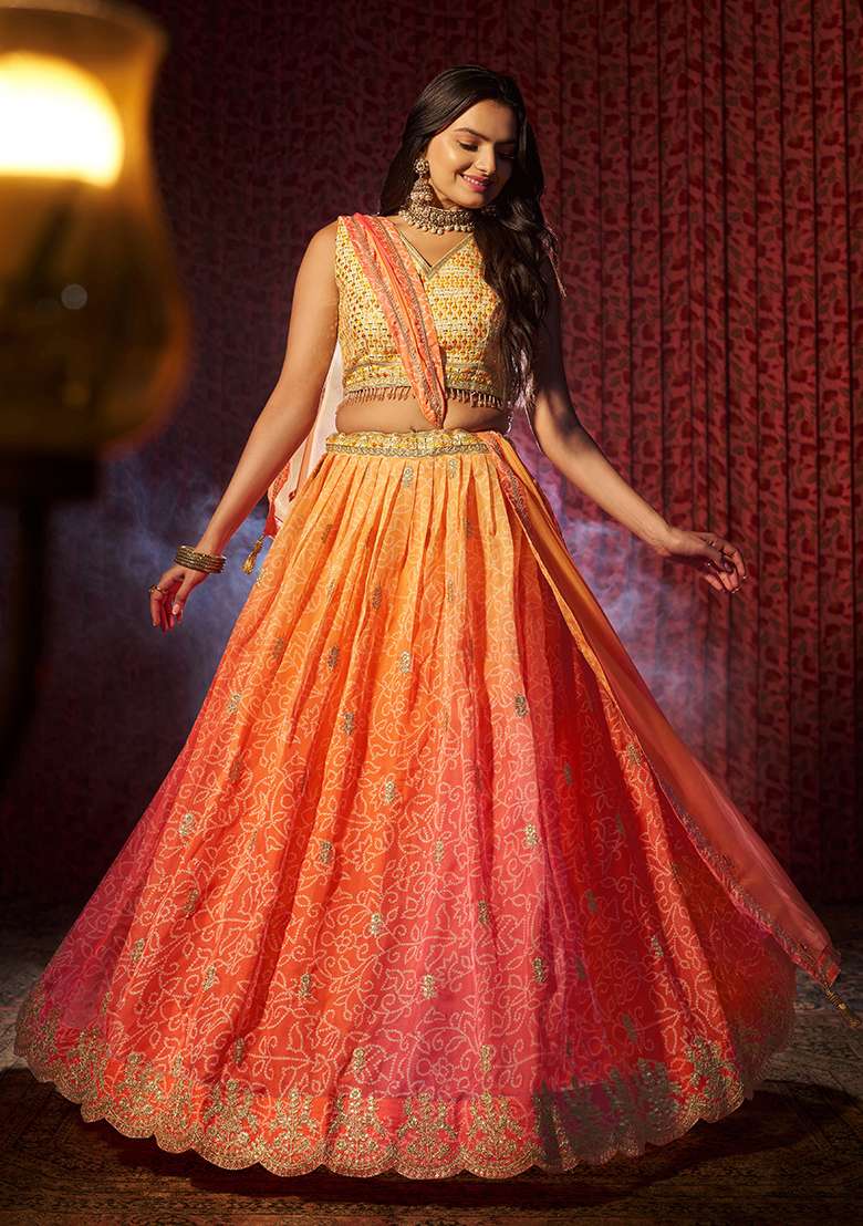 Orange Organza Lehenga Set with Printed & Embroidered for Diwali | Wedding & Festive Wear - Indya