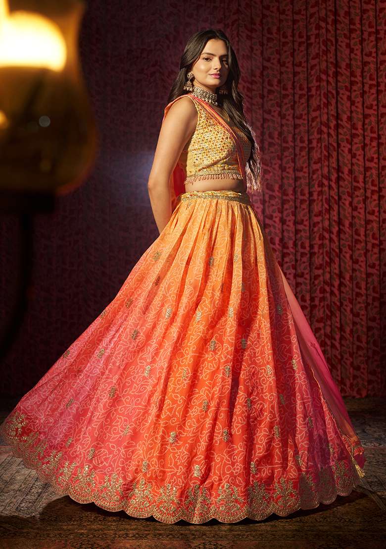 Orange Organza Lehenga Set with Printed & Embroidered for Diwali | Wedding & Festive Wear - Indya
