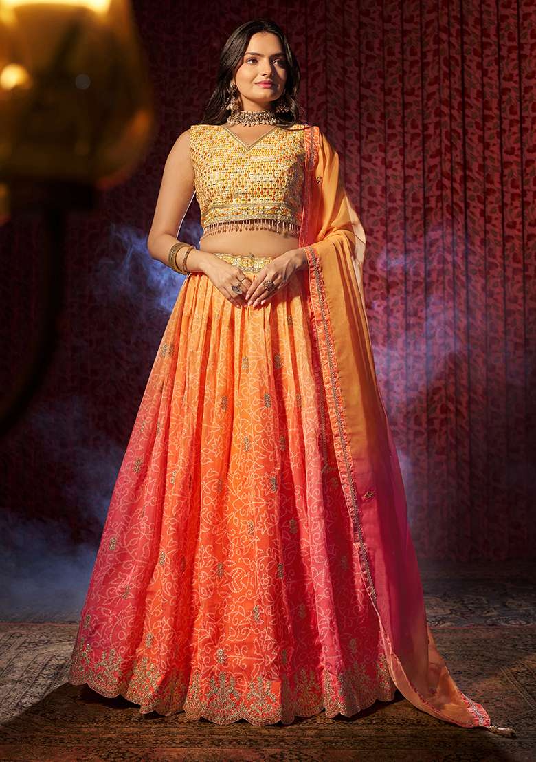 Orange Organza Lehenga Set with Printed & Embroidered for Diwali | Wedding & Festive Wear - Indya