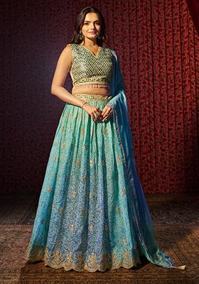 Blue Printed Sequin Embroidered Organza Lehenga Set