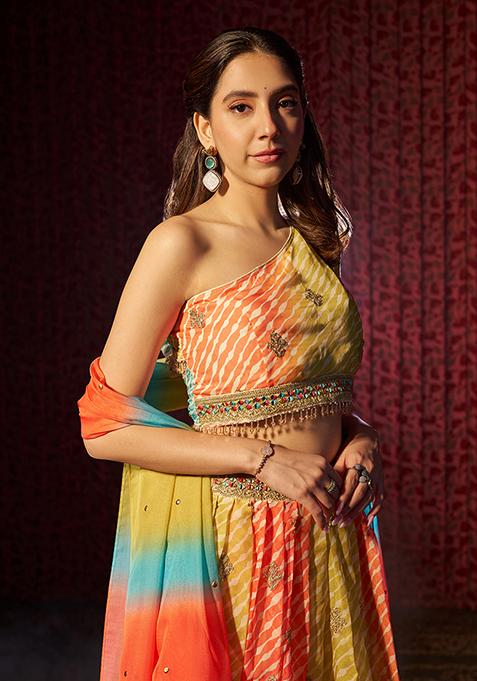 Multicolor Printed Sequin Embroidered Organza Lehenga Set