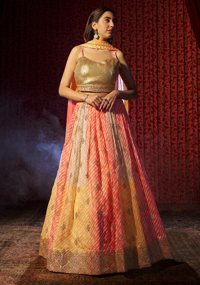 Yellow Printed Sequin Embroidered Organza Lehenga Set