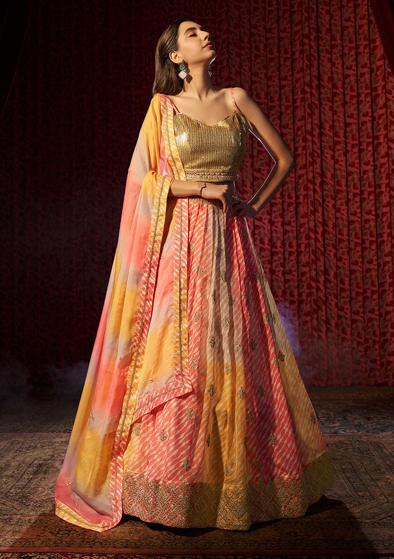 Yellow Printed Sequin Embroidered Organza Lehenga Set