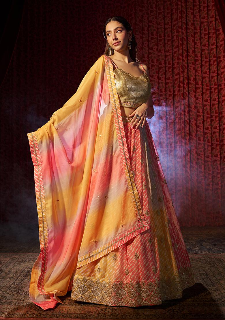Yellow Printed Sequin Embroidered Organza Lehenga Set