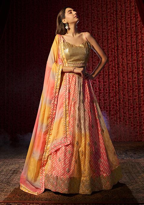 Yellow Printed Sequin Embroidered Organza Lehenga Set
