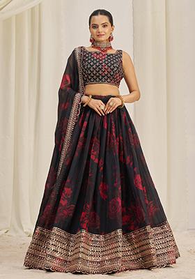Black Printed Sequin Embroidered Organza Lehenga Set
