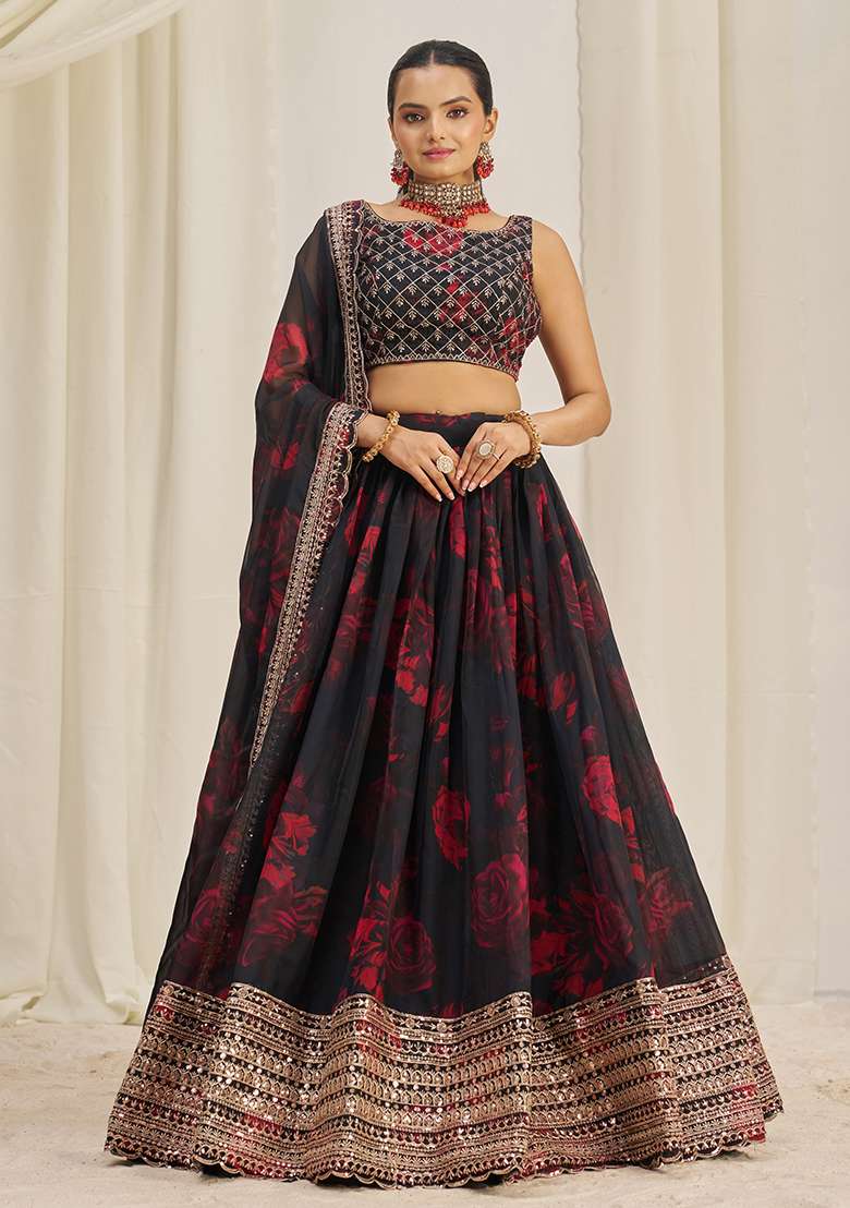 Black Organza Lehenga Set with Printed & Embroidered for Diwali | Wedding & Festive Wear - Indya