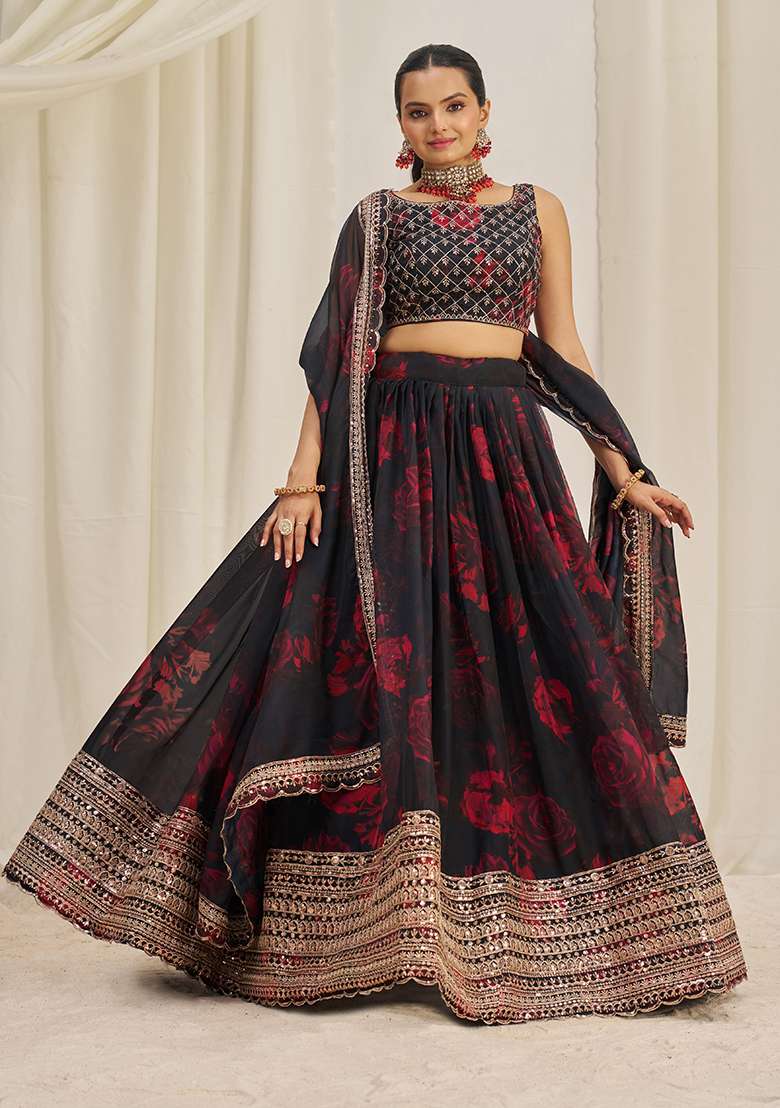 Black Organza Lehenga Set with Printed & Embroidered for Diwali | Wedding & Festive Wear - Indya