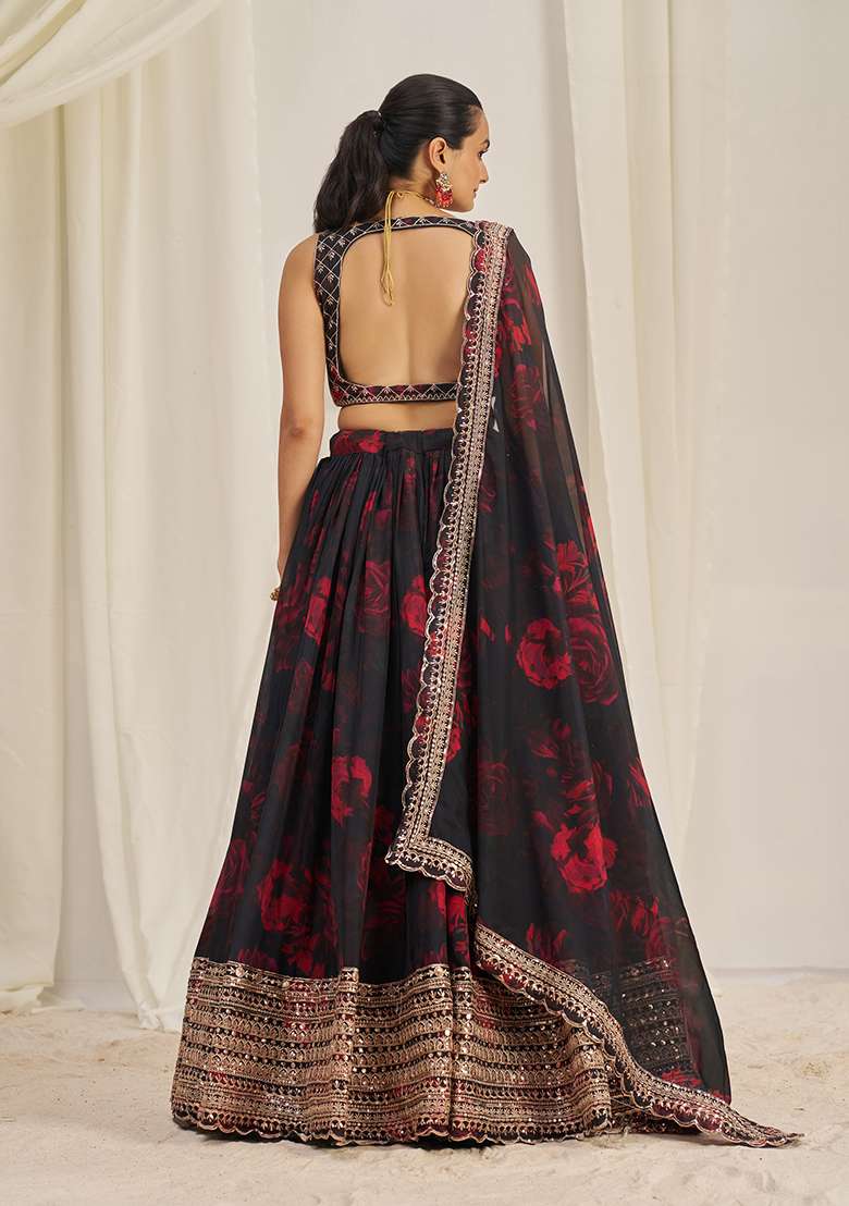 Black Organza Lehenga Set with Printed & Embroidered for Diwali | Wedding & Festive Wear - Indya