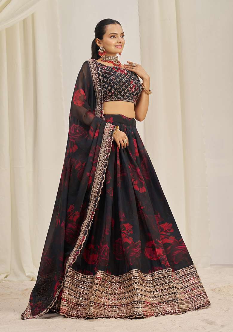 Black Organza Lehenga Set with Printed & Embroidered for Diwali | Wedding & Festive Wear - Indya