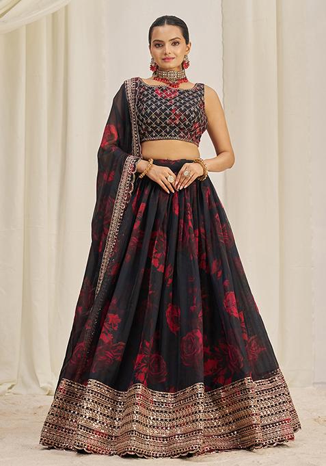 Black Printed Sequin Embroidered Organza Lehenga Set