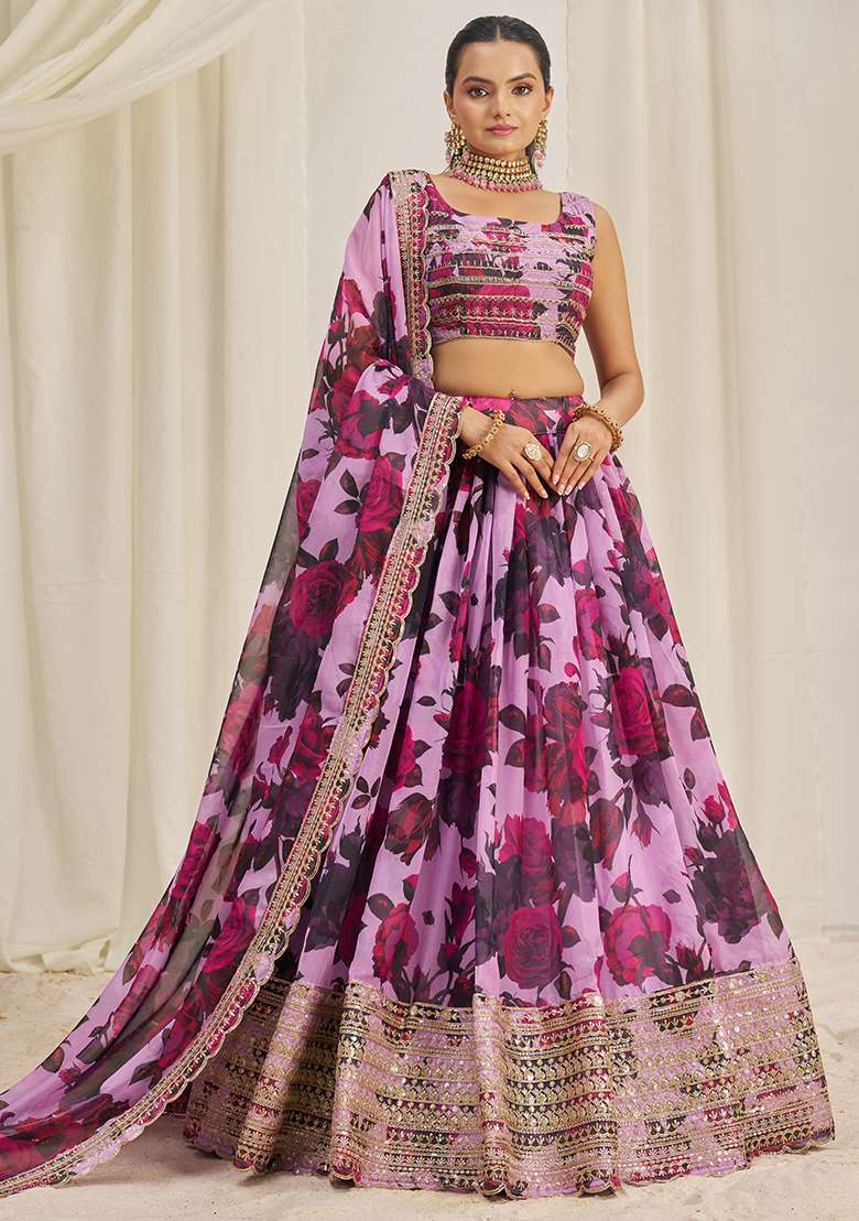 Baby Pink Organza Lehenga Set with Printed & Embroidered for Diwali | Wedding & Festive Wear - Indya