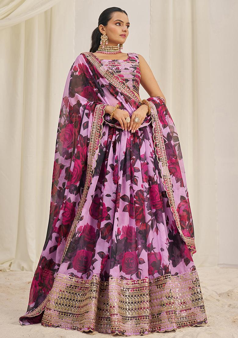 Baby Pink Printed Sequin Embroidered Organza Lehenga Set - Indya