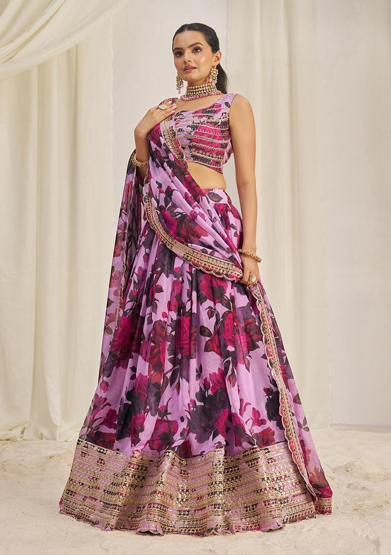 Baby Pink Printed Sequin Embroidered Organza Lehenga Set - Indya