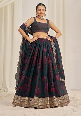 Teal Green Printed Sequin Embroidered Organza Lehenga Set