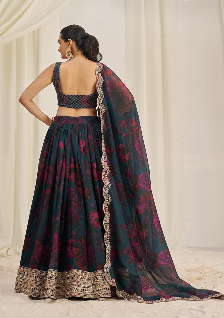 Teal Green Printed Sequin Embroidered Organza Lehenga Set