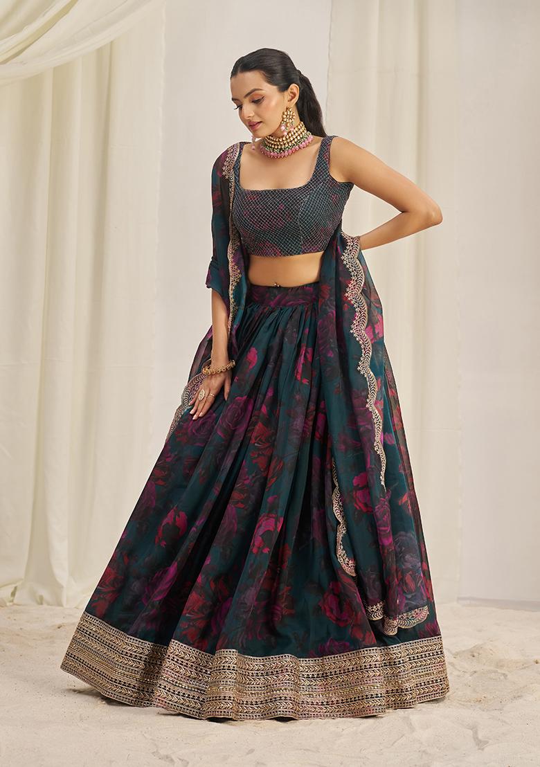 Teal Green Printed Sequin Embroidered Organza Lehenga Set