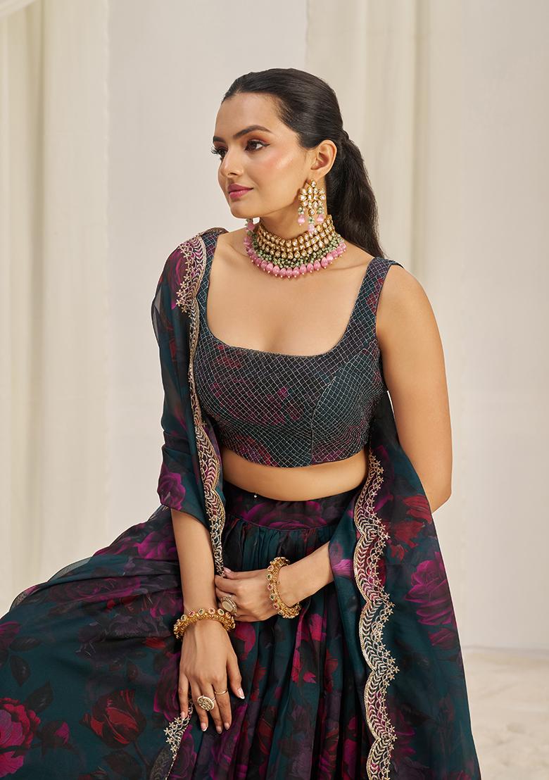 Teal Green Printed Sequin Embroidered Organza Lehenga Set