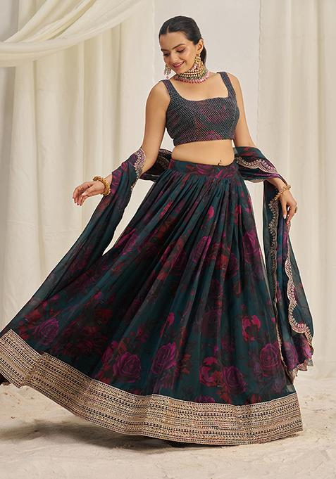 Teal Green Printed Sequin Embroidered Organza Lehenga Set