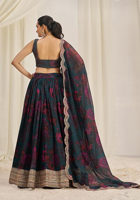 Teal Green Printed Sequin Embroidered Organza Lehenga Set