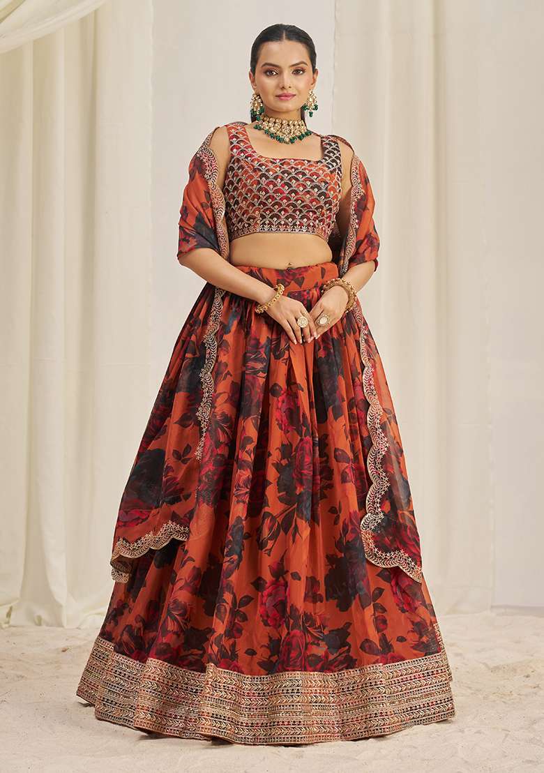 Orange Organza Lehenga Set with Printed & Embroidered for Diwali | Wedding & Festive Wear - Indya