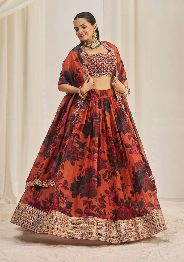 Orange Organza Lehenga Set with Printed & Embroidered for Diwali | Wedding & Festive Wear - Indya