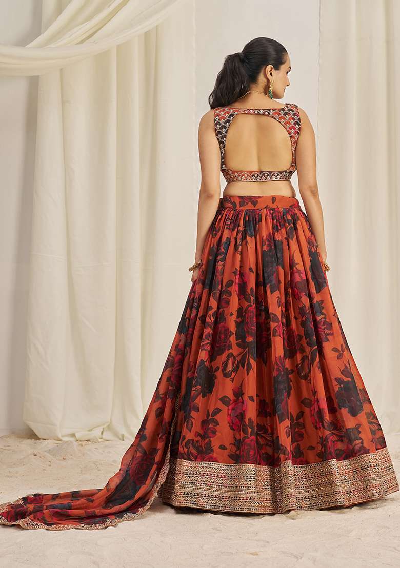 Orange Organza Lehenga Set with Printed & Embroidered for Diwali | Wedding & Festive Wear - Indya