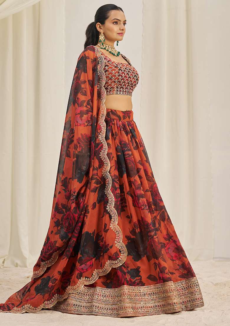 Orange Organza Lehenga Set with Printed & Embroidered for Diwali | Wedding & Festive Wear - Indya