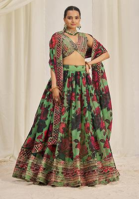 Parrot Green Printed Sequin Embroidered Organza Lehenga Set