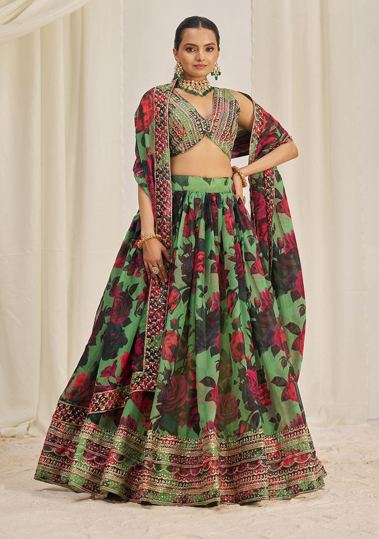 Parrot Green Printed Sequin Embroidered Organza Lehenga Set
