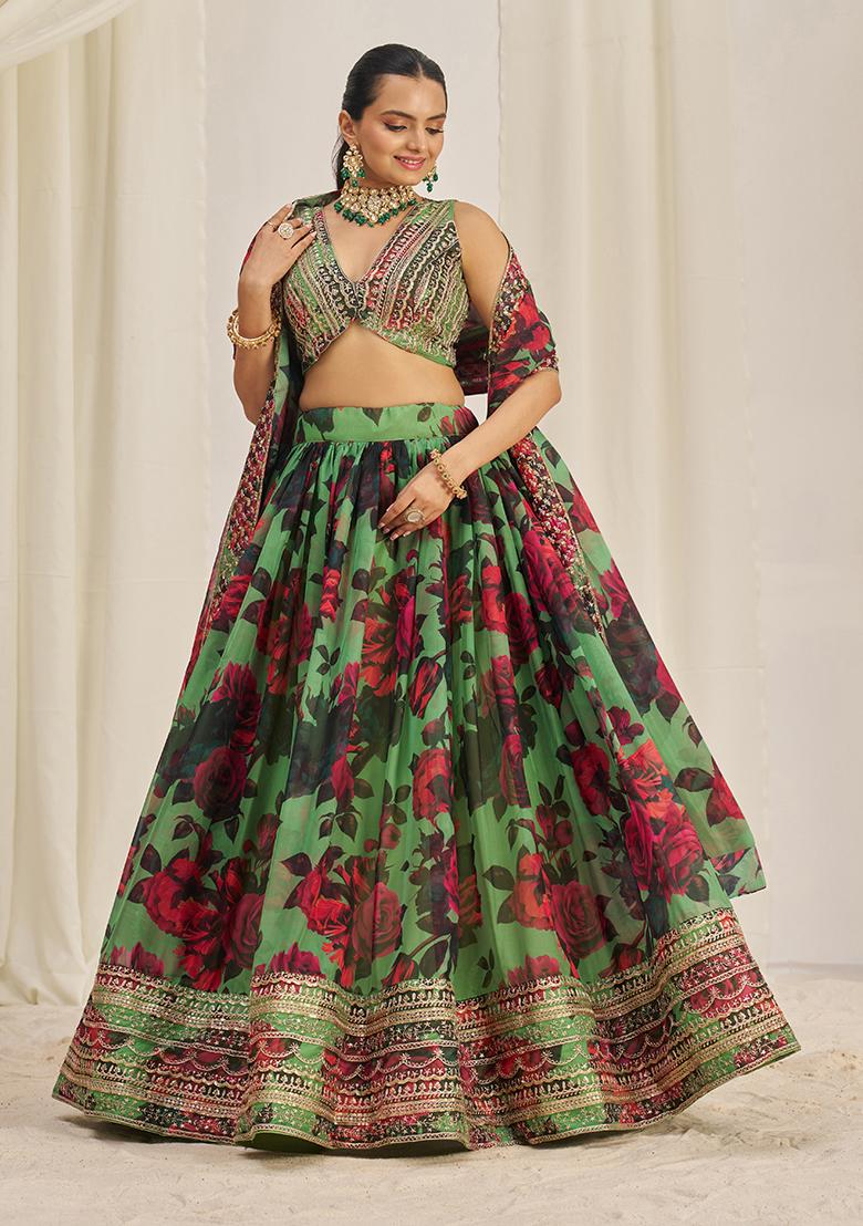 Parrot Green Printed Sequin Embroidered Organza Lehenga Set